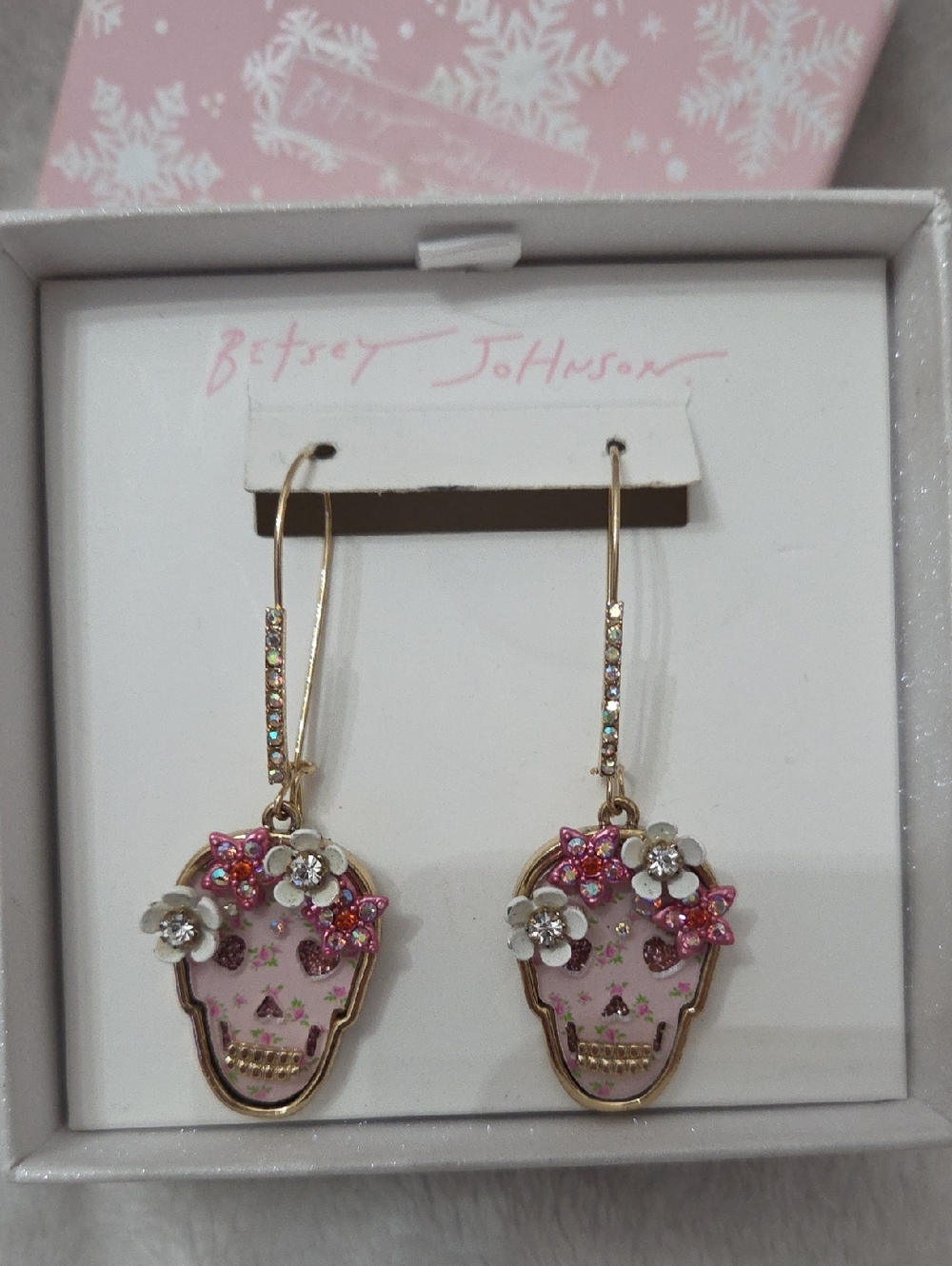 Betsey Johnson Pink Floral Skull Drop Earrings - Picture 2 of 3